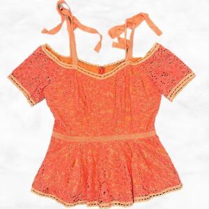 INA Orange Eyelet Lace Crochet Peplum Cold Shoulder Blouse Top
